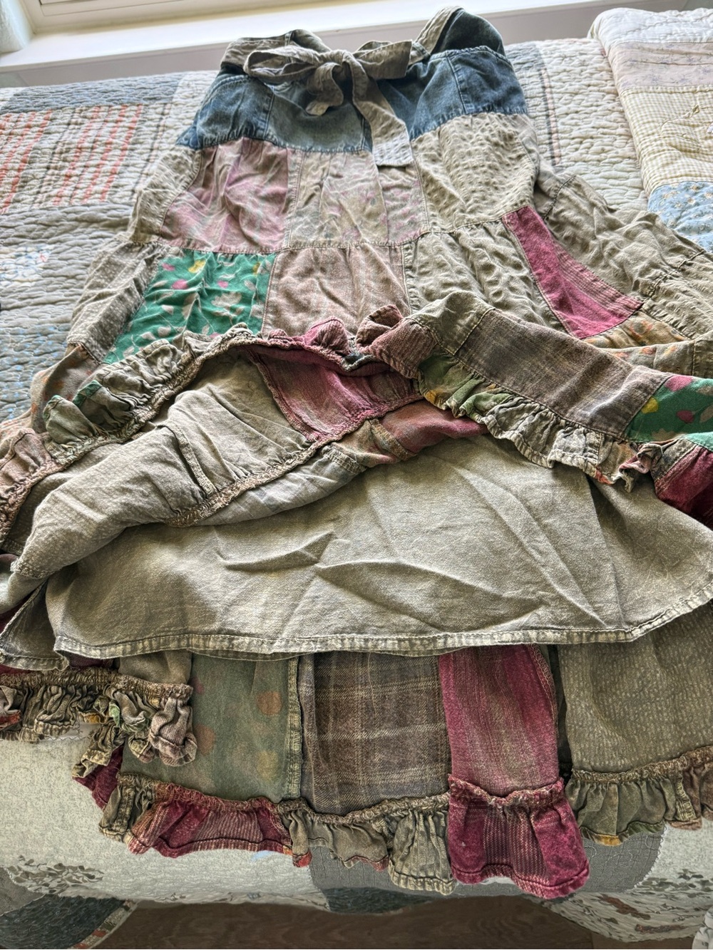 Boho Tiered Maxi Skirt in Olive Patchwork - Picture 3 of 9